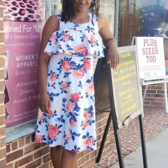 Light Blue Navy Salmon ,Floral ,Cold Shoulder Sun Dress | Missy & Plus Sizes - Picture 3 of 3